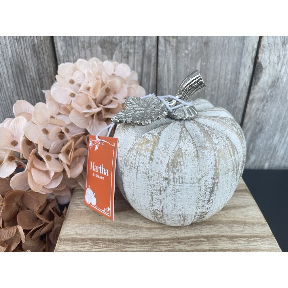 MARTHA STEWART 5 INCH White Washed Wood Pumpkin Silver Stem NWT